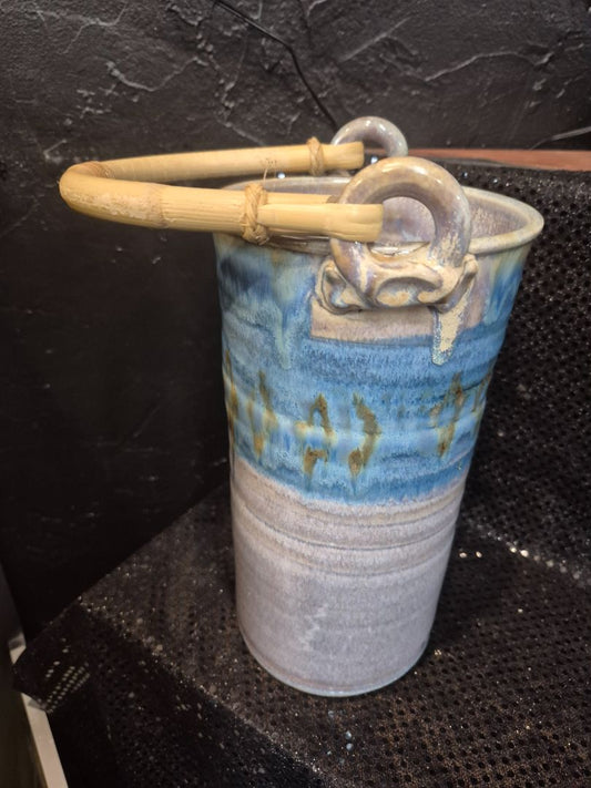 Blue/Grey  Pottery Bottle Holder/Vase w/Bamboo Handle, As Is