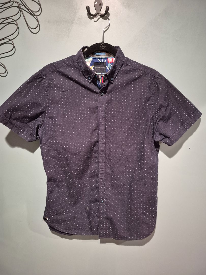 Blk w/Wht Polka Dots Denim & Flower Ricky Singh Short Sleeve Button Shirt, M