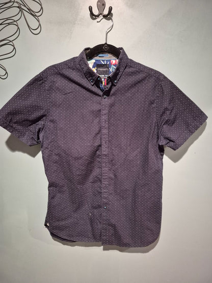 Blk w/Wht Polka Dots Denim & Flower Ricky Singh Short Sleeve Button Shirt, M