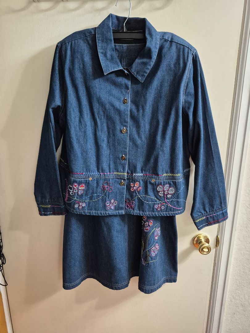 Blue Napa Valley Denim Embroidered Jacket/Skirt Set, unmarked