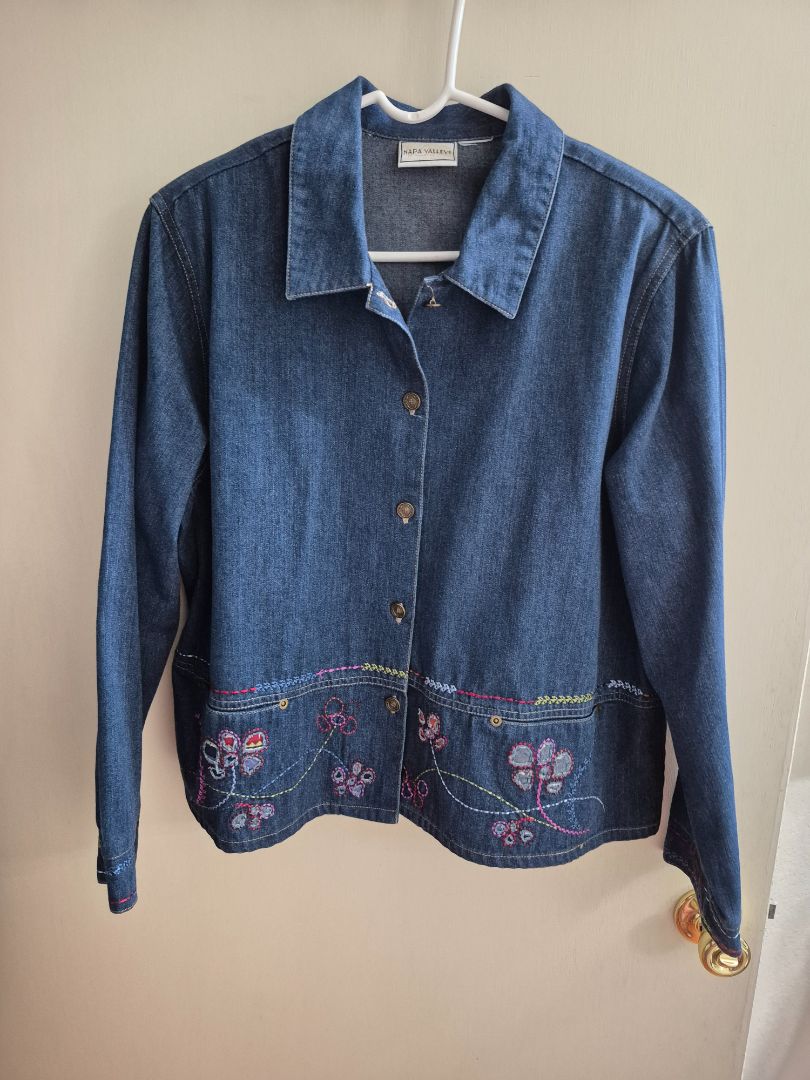 Blue Napa Valley Denim Embroidered Jacket/Skirt Set, unmarked
