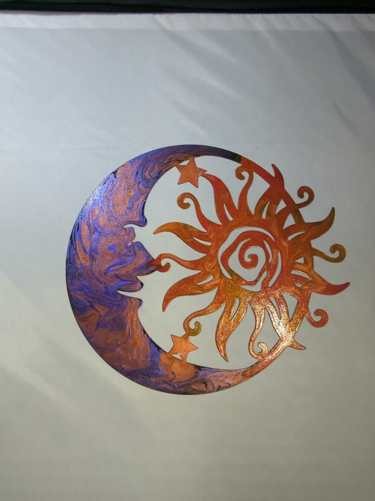 Purple Orange Luminous Creations Metal Acrylic Poured Sun and Moon, 11 inches X 11 inches