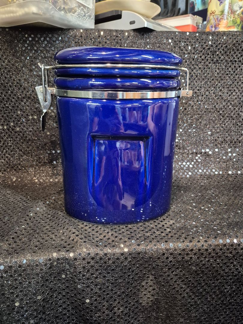 Cobalt Blue Vintage Ceramic Canister, 7" × 5" × 7.5"