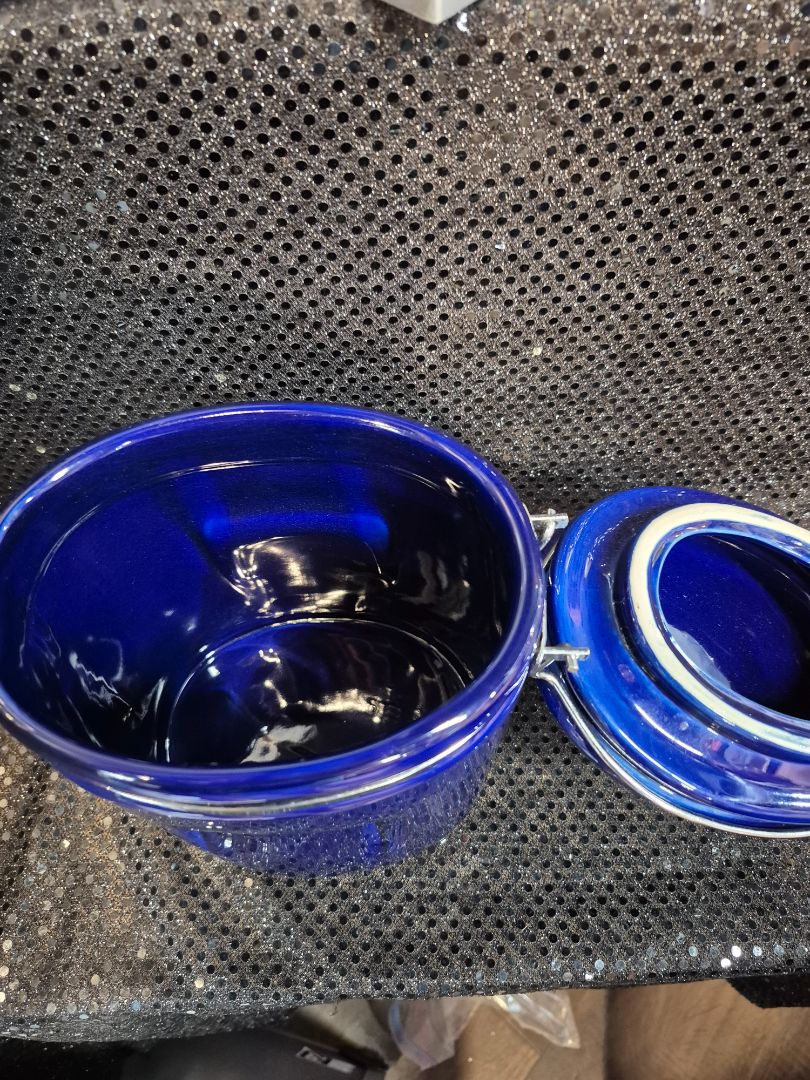 Cobalt Blue Vintage Ceramic Canister, 7" × 5" × 7.5"