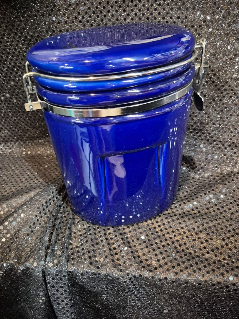 Cobalt Blue Vintage Ceramic Canister, 7" × 5" × 7.5"