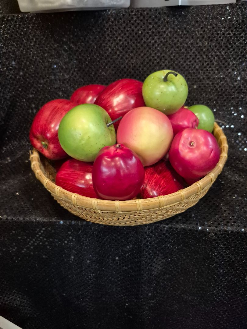 Basket of Red & Green Faux Apples, 11" × 5"