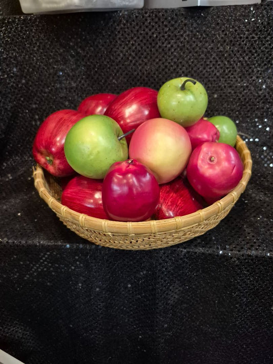 Basket of Red & Green Faux Apples, 11" × 5"