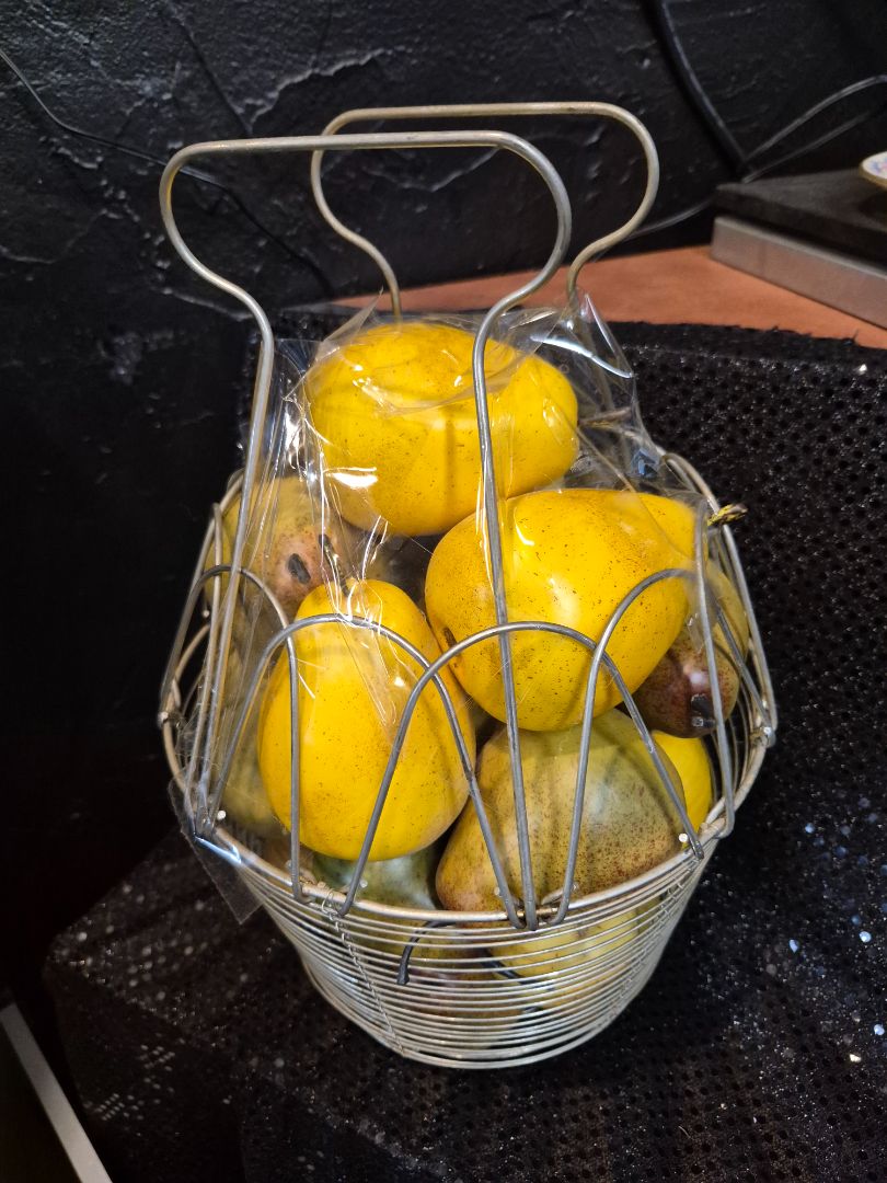 Yellow & Green  Wire Hanging Basket w/Faux Pears, 9" × 13"