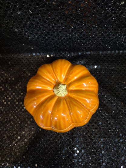 Orange & Green  Ceramic Pumpkin Jar w/Lid, 4.5" × 3.5"