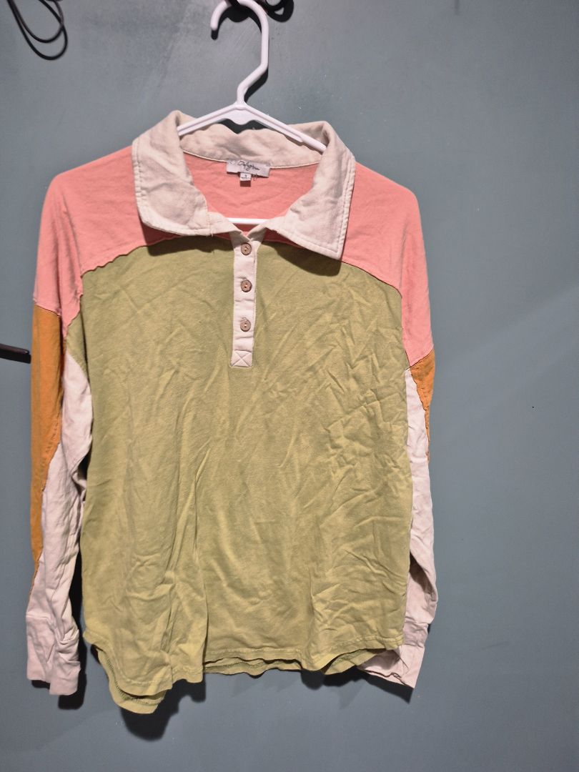 Polagram yellow/green/pink colorblock long sleeve shirt, S