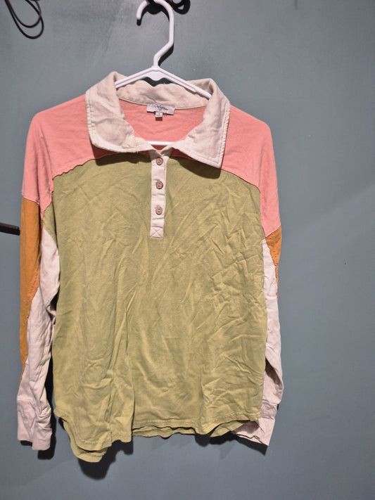 Polagram yellow/green/pink colorblock long sleeve shirt, S