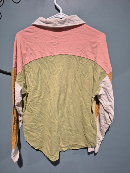 Polagram yellow/green/pink colorblock long sleeve shirt, S