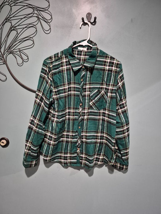 Green Plaid Maurice Long Sleeve Button Flannel Shirt, L