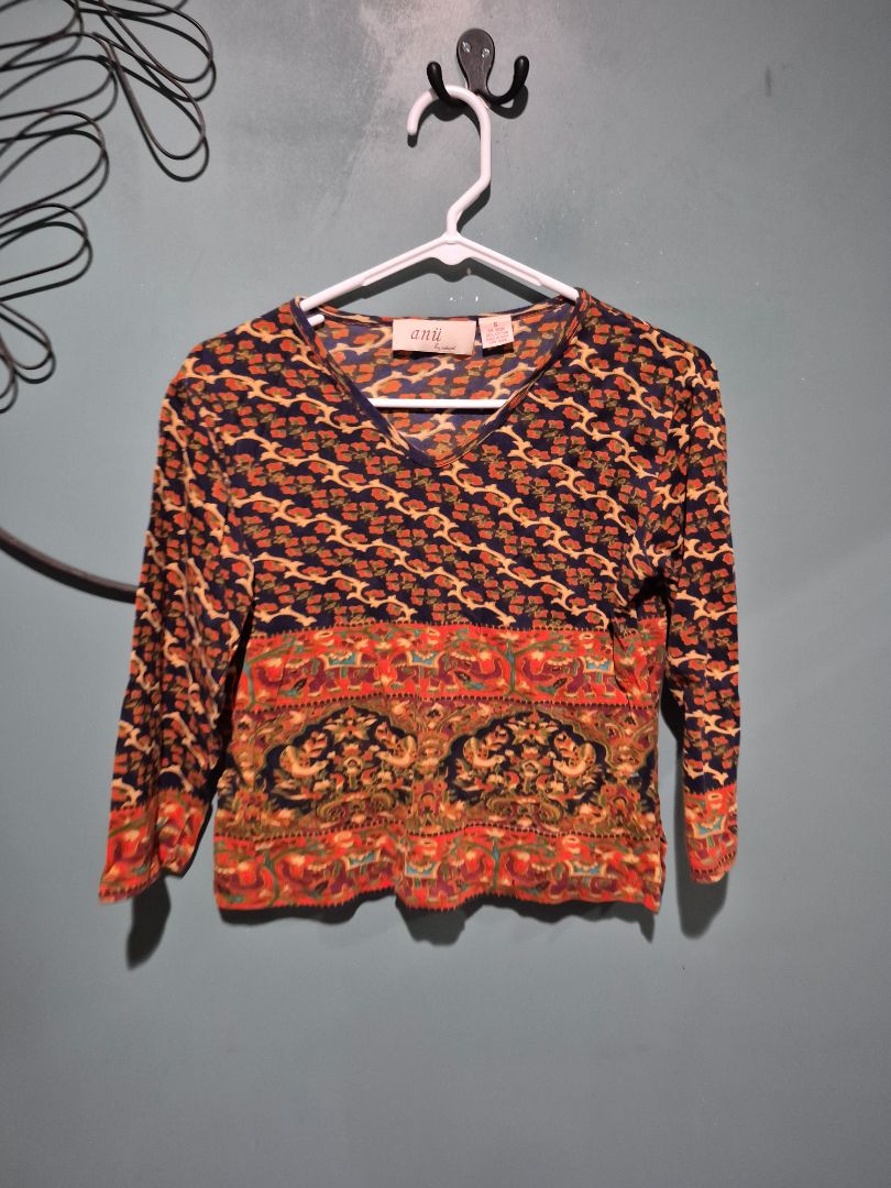 Brown, Orange, & Teal Anu by Natural 3/4 Sleeve Elephant Cotton Shirt, S