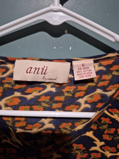Brown, Orange, & Teal Anu by Natural 3/4 Sleeve Elephant Cotton Shirt, S