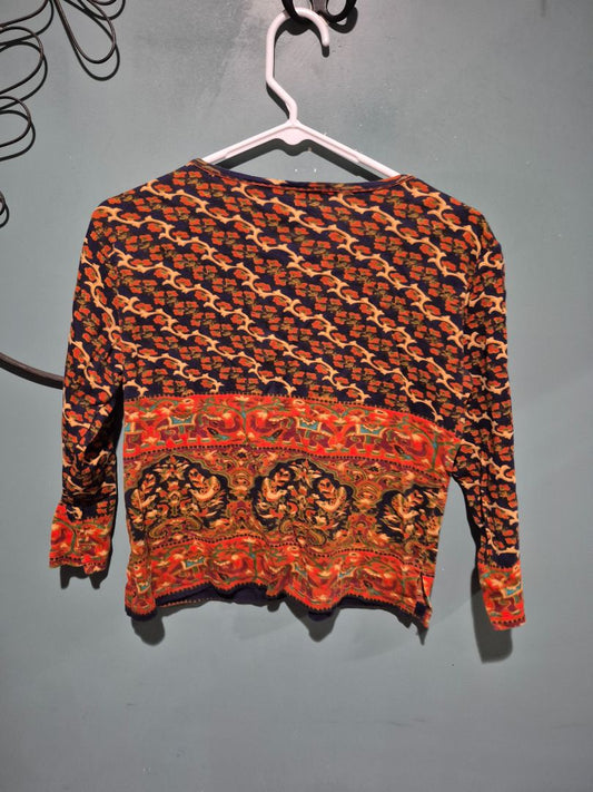Brown, Orange, & Teal Anu by Natural 3/4 Sleeve Elephant Cotton Shirt, S