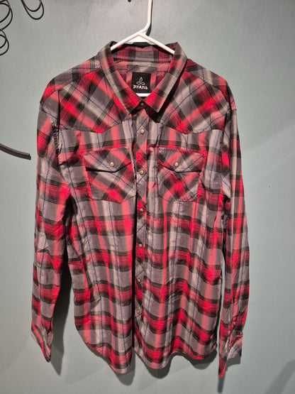 Red/Black Plaid prAna Pearl Snap Button Up Shirt, XXL