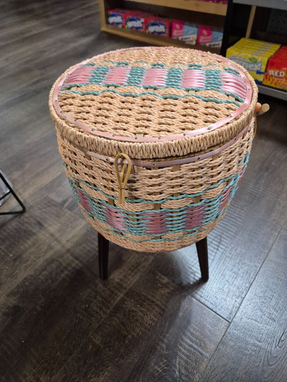 Pink & Teal  Mid Century Modern Footed Sewing Basket, 10" × 13"