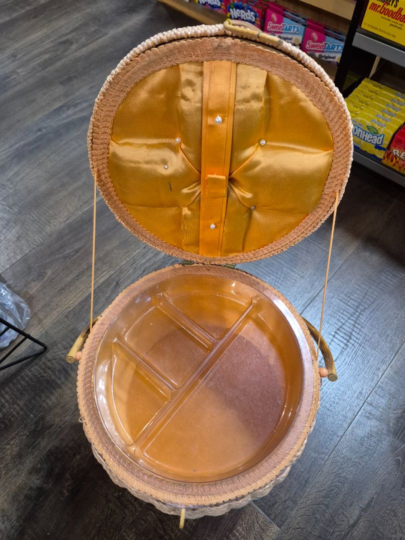 Pink & Teal  Mid Century Modern Footed Sewing Basket, 10" × 13"