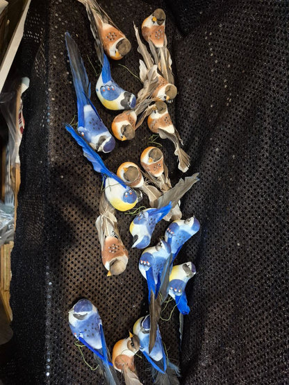 Brown & Blue  Bird Ornaments, 18 pieces