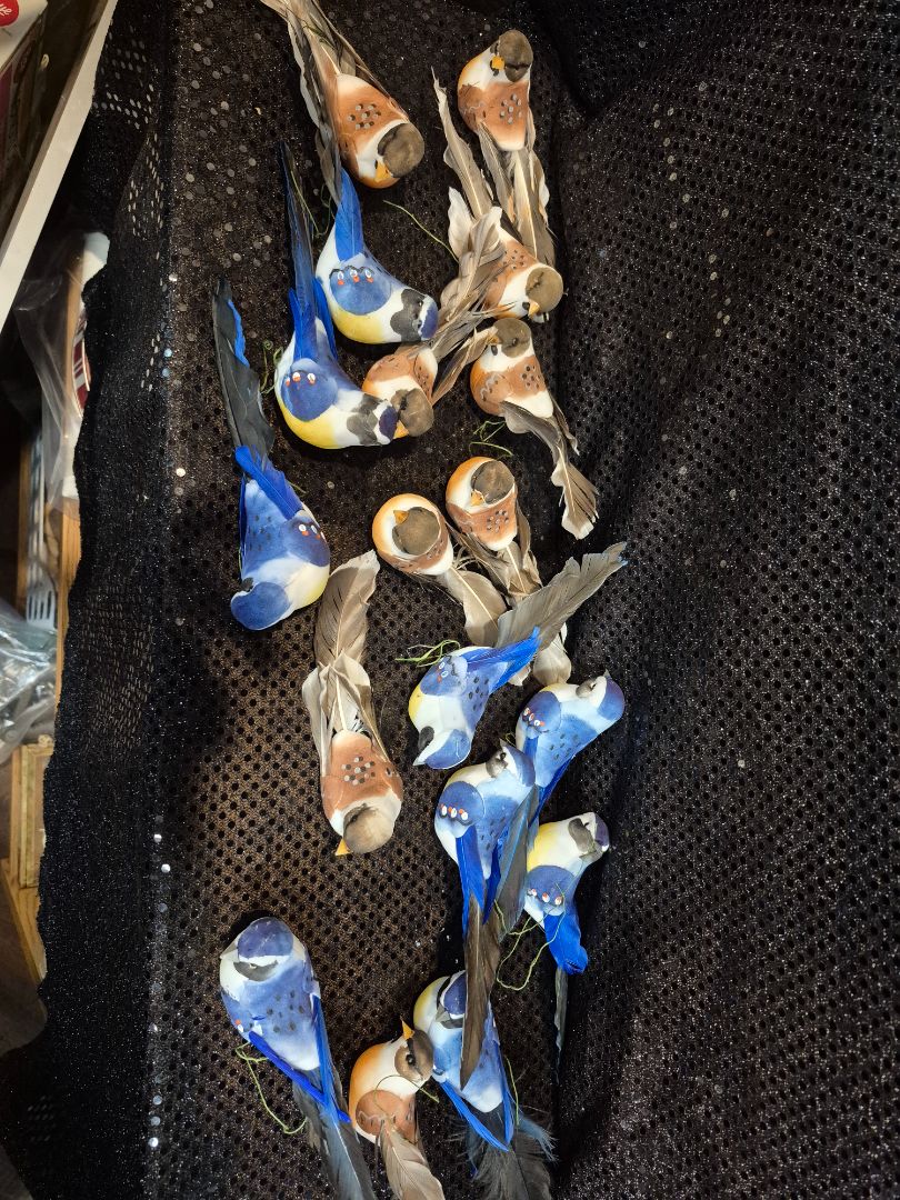 Blue & Brown  Faux Bird Ornaments, 18 pieces