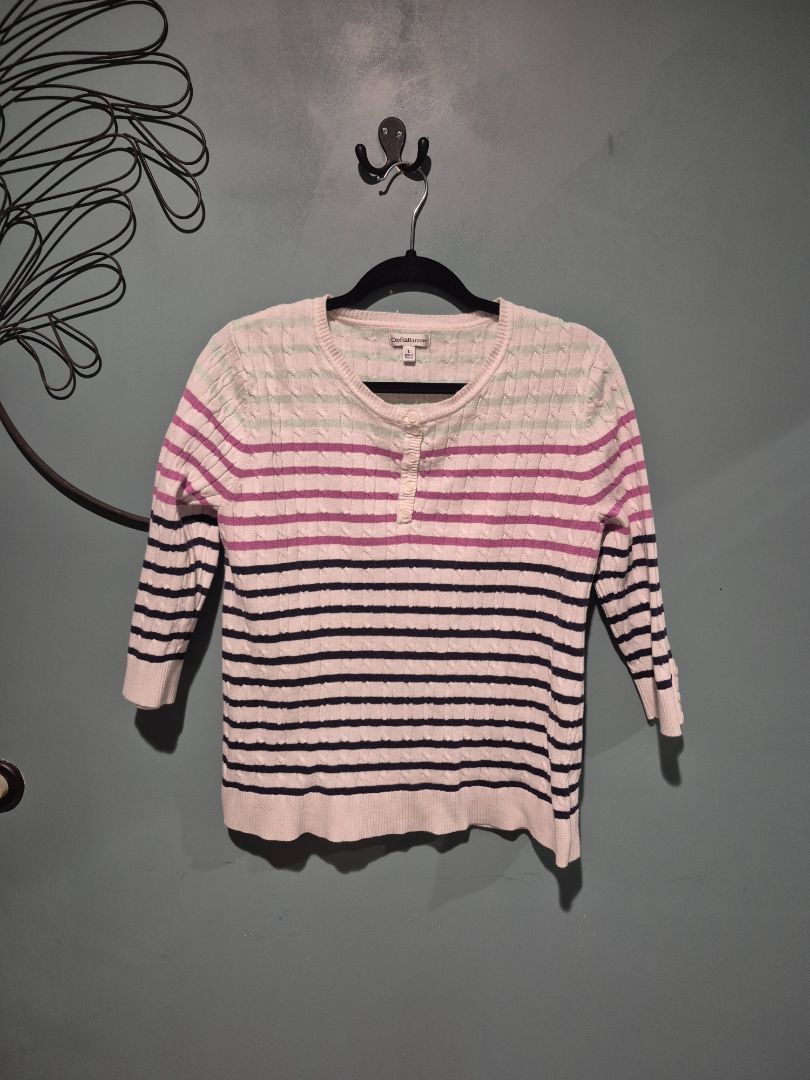White w/Black, Pink, & Green Stripes Croft & Barrow 3/4 Sleeve Sweater, L