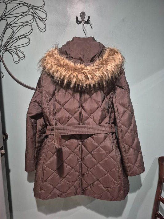 Brown Hilary Radley New York Diamond Quilted Puffer Coat w/Faux Fur Lined Hood, XL