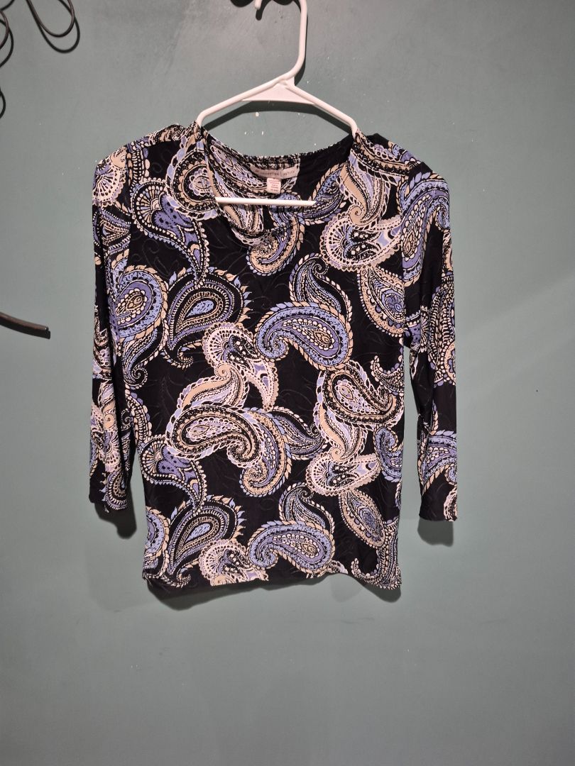 Navy Paisley JM Collection 3/4 Sleeve Shirt, S