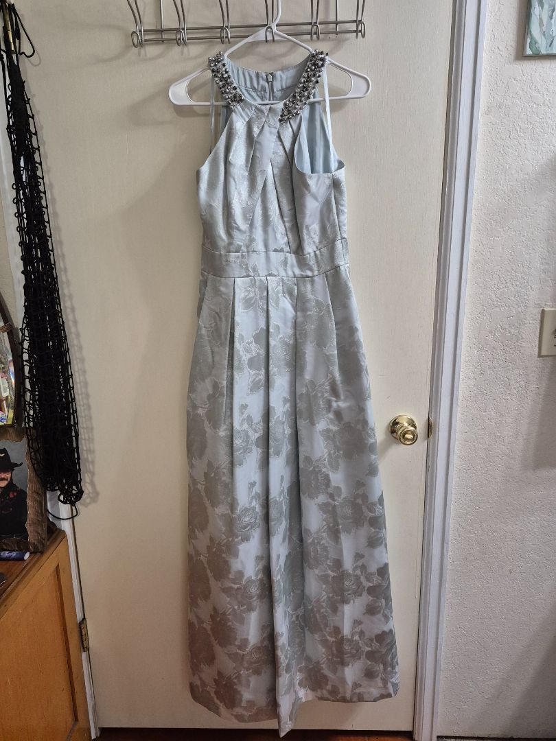 Light Blue Eliza J Formal Maxi Dress w/Rhinestone & Beaded Halter Collar, 6