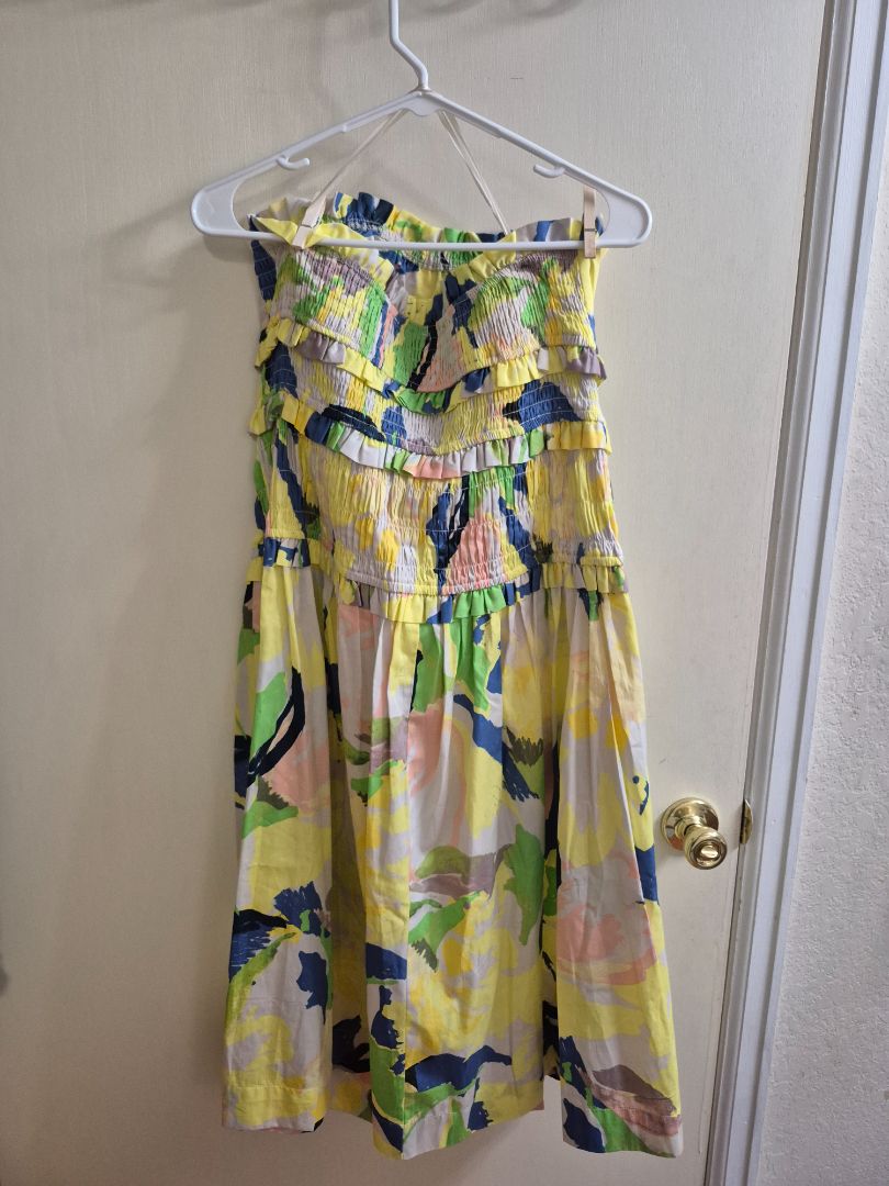 Yellow Floral Free Assembly Strapless Cotton Dress, L (12-14)