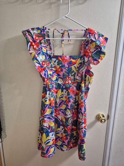 Bright Floral Free Assembly Square Neck Flutter Sleeve Mini Dress, XL (16-18)