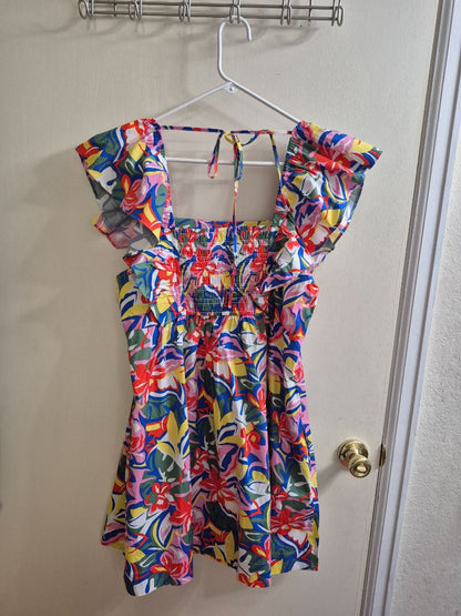 Bright Floral Free Assembly Square Neck Flutter Sleeve Mini Dress, XL (16-18)