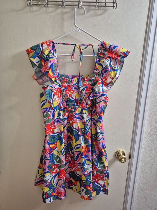 Bright Floral Free Assembly Square Neck Flutter Sleeve Mini Dress, XL (16-18)