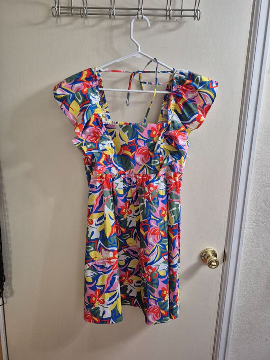 Bright Floral Free Assembly Square Neck Flutter Sleeve Mini Dress, M (8-10)