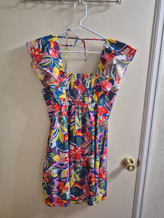 Bright Floral Free Assembly Square Neck Flutter Sleeve Mini Dress, M (8-10)