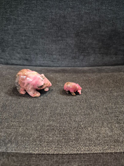 Pink & Black Rhodonite Hand Carved Bear w/Salmon and Cub w/Salmon, 2" & 1"