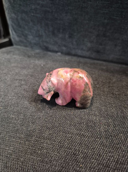 Pink & Black Rhodonite Hand Carved Bear w/Salmon and Cub w/Salmon, 2" & 1"
