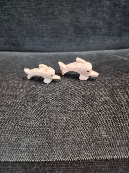 Pink  Hand Carved Soapstone Dolphins, Set of 2, 2" & 1.75"