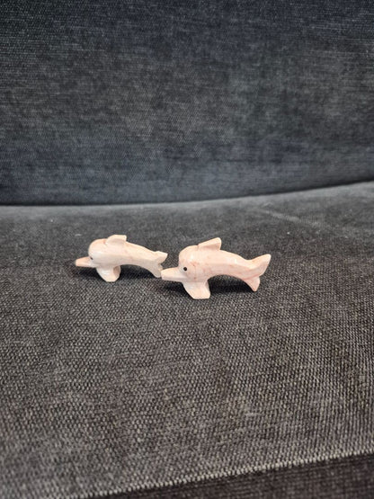 Pink  Hand Carved Soapstone Dolphins, Set of 2, 2" & 1.75"