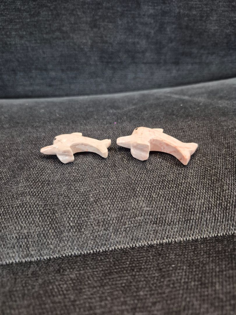 Pink  Hand Carved Soapstone Dolphins, Set of 2, 2" & 1.75"