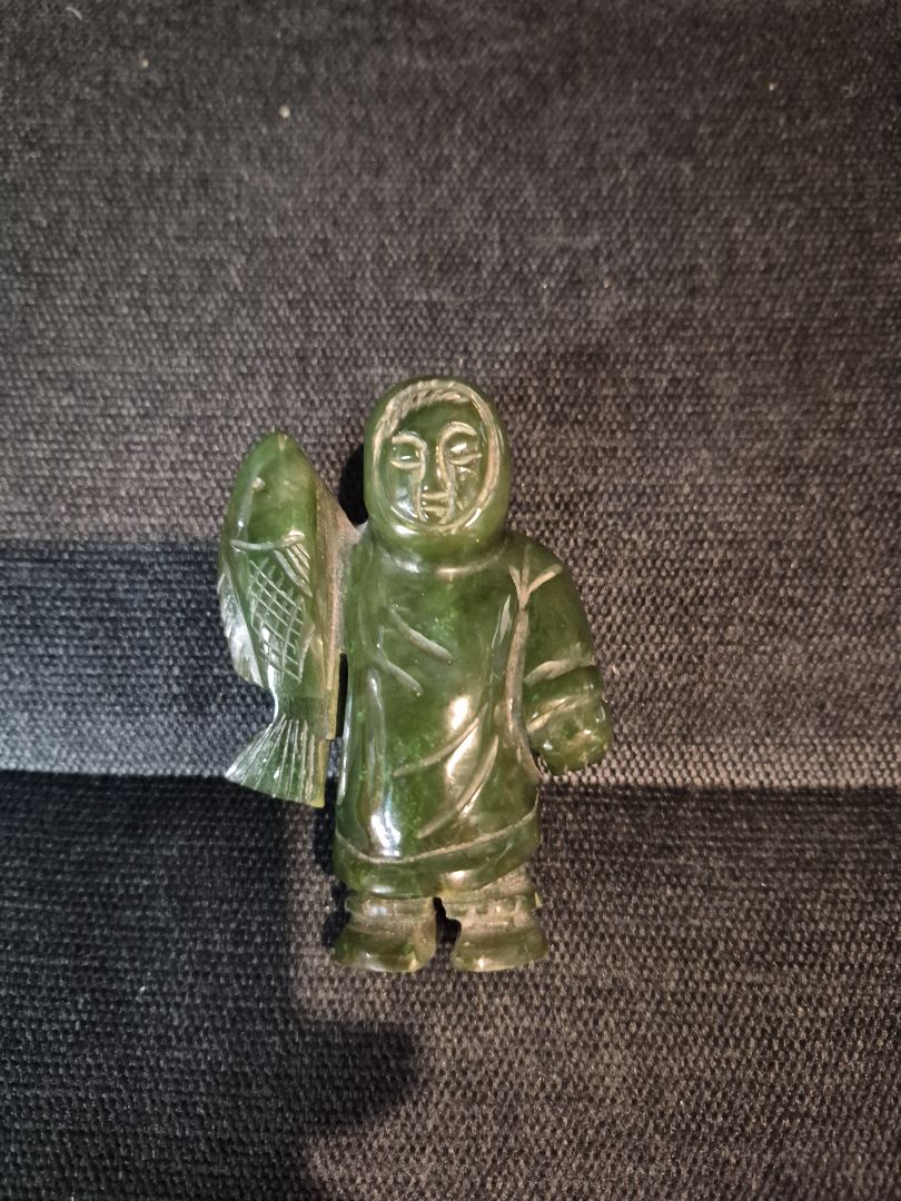 Hand Carved Canadian Green Nephrite Jade Figurine of an Inuit Fisher Person Holding a Fish, 3"