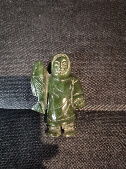 Hand Carved Canadian Green Nephrite Jade Figurine of an Inuit Fisher Person Holding a Fish, 3"