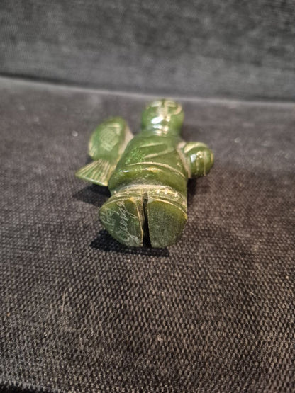 Hand Carved Canadian Green Nephrite Jade Figurine of an Inuit Fisher Person Holding a Fish, 3"