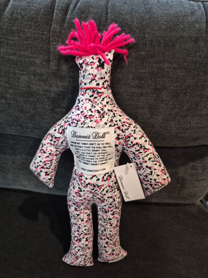White w/Blk, Pink, & Grey Pattern  Dammit Doll, 12"