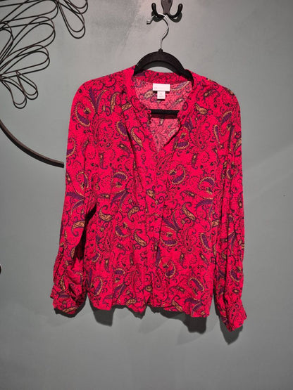 Red Paisley Liz Claiborne Long Sleeve Shirt, XL