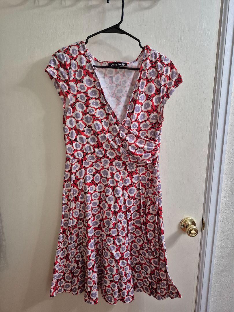 Red Floral Oxiuly Fashion Short Sleeve Criss-cross V Neck Dress, L