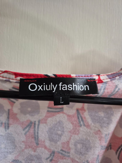 Red Floral Oxiuly Fashion Short Sleeve Criss-cross V Neck Dress, L
