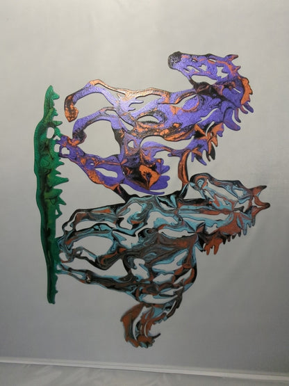 Purple and Blue with metallics Luminous Creations Acrylic Poured Horses, 12 inches X 10