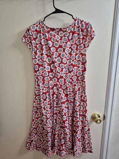 Red Floral Oxiuly Fashion Short Sleeve Criss-cross V Neck Dress, L