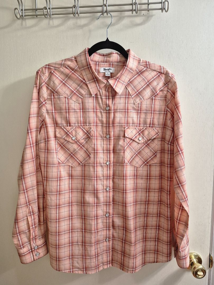 Peach Plaid Wrangle Retro Long Sleeve Western Snap Shirt, L